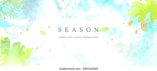 Spring watercolor background. Vector hand drawing texture botanical leaves, flowers. Holiday abstract art design for spring season. Modern card, cover for wedding, invite. Pastel arts decoration.