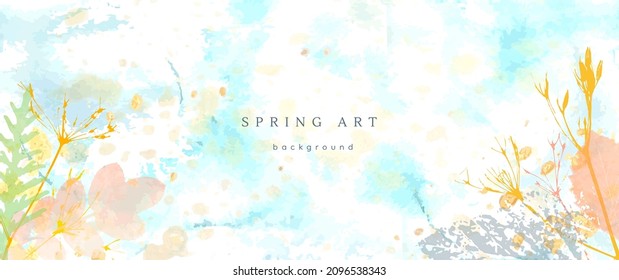 Spring watercolor background. Vector hand drawing texture botanical leaves, flowers. Holiday abstract art design for spring season. Modern card, cover for wedding, invite. Pastel arts decoration.