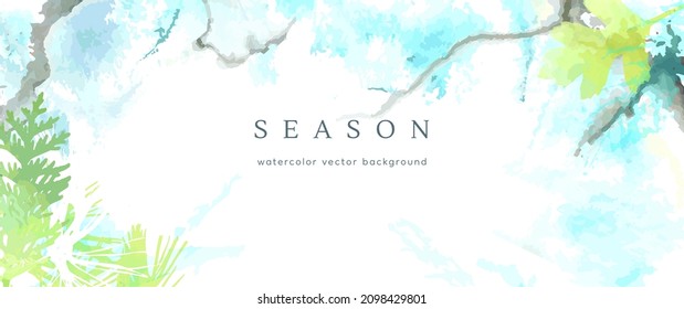 Spring watercolor background. Vector hand drawing texture botanical leaves, flowers. Holiday abstract art design for spring season. Modern card, cover for wedding, invite. Pastel arts decoration.