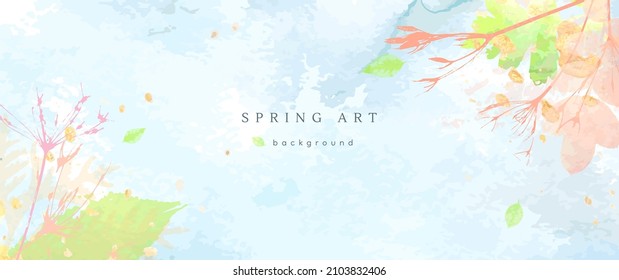 Spring watercolor background. Vector hand drawing texture botanical leaves, flowers. Holiday abstract art design for spring season. Modern card, cover for wedding, invite. Pastel arts decoration.