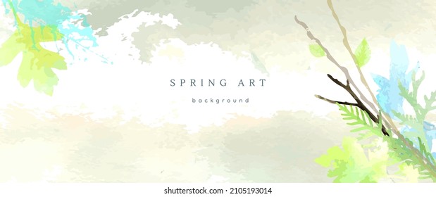Spring watercolor background. Vector hand drawing texture botanical leaves, flowers. Holiday abstract art design for spring season. Modern card, cover for wedding, invite. Pastel arts decoration.