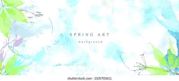 Spring watercolor background. Vector hand drawing texture botanical leaves, flowers. Holiday abstract art design for spring season. Modern card, cover for wedding, invite. Pastel arts decoration.