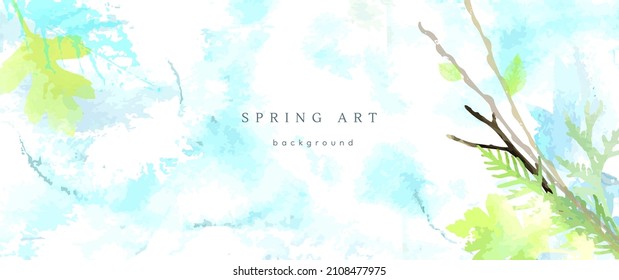 Spring watercolor background. Vector hand drawing texture botanical leaves, flowers. Holiday abstract art design for spring season. Modern card, cover for wedding, invite. Pastel arts decoration.