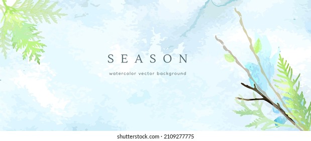 Spring watercolor background. Vector hand drawing texture botanical leaves, flowers. Holiday abstract art design for spring season. Modern card, cover for wedding, invite. Pastel arts decoration.