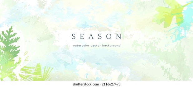 Spring watercolor background. Vector hand drawing texture botanical leaves, flowers. Holiday abstract art design for spring season. Modern card, cover for wedding, invite. Pastel arts decoration.