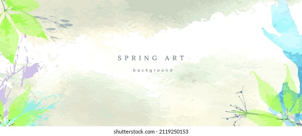 Spring watercolor background. Vector hand drawing texture botanical leaves, flowers. Holiday abstract art design for spring season. Modern card, cover for wedding, invite. Pastel arts decoration.