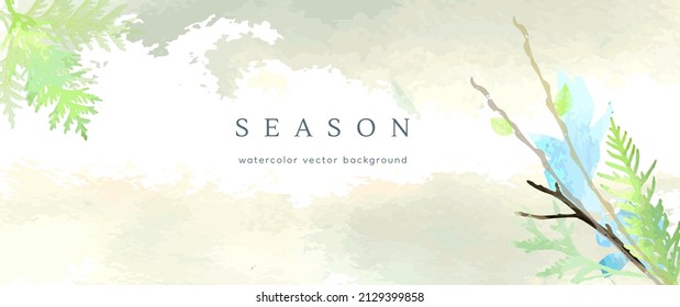 Spring watercolor background. Vector hand drawing texture botanical leaves, flowers. Holiday abstract art design for spring season. Modern card, cover for wedding, invite. Pastel arts decoration.