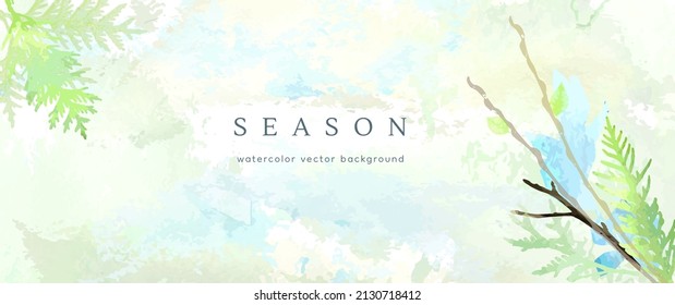 Spring watercolor background. Vector hand drawing texture botanical leaves, flowers. Holiday abstract art design for spring season. Modern card, cover for wedding, invite. Pastel arts decoration.