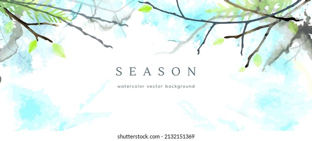 Spring watercolor background. Vector hand drawing texture botanical leaves, flowers. Holiday abstract art design for spring season. Modern card, cover for wedding, invite. Pastel arts decoration.