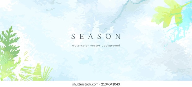 Spring watercolor background. Vector hand drawing texture botanical leaves, flowers. Holiday abstract art design for spring season. Modern card, cover for wedding, invite. Pastel arts decoration.
