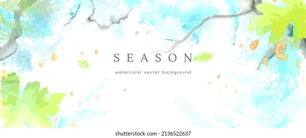 Spring watercolor background. Vector hand drawing texture botanical leaves, flowers. Holiday abstract art design for spring season. Modern card, cover for wedding, invite. Pastel arts decoration.