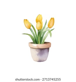Frühling Aquarell Zusammensetzung mit Blumen in Töpfen. Tulpen, Narzissen und Krokussen in warmen Tönen. Blumentöpfe, weiche Pastellfarben, handbemalt. Perfekt für Federkarten.