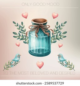 Spring Watercolor Illustration of a Flower Jar with Birds