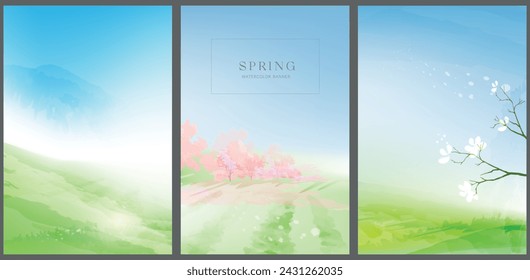 Spring watercolor landscape backgrounds. Vector vertical banners with place for text. 