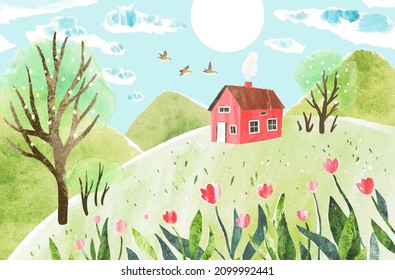 Spring watercolor romantic hand drawn vector illustration with house, hills and flowers in green, blue and pink colors. Cute design for print, pillow, postcard, poster, cover