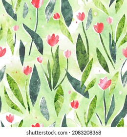 Spring watercolor stylish vector seamless pattern with tulips in green and pink colors. Floral design for textile print, page fill, wrapping paper, web banner. All elements, textures are individual ob