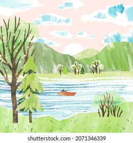 Spring watercolor vector landscape with fisherman on boat, trees, sunrise and mountains. Fishing in the river. Cute vector Illustration
