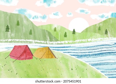 Spring watercolor vector landscape with tents, river, sunrise and mountains. Romantic hand drawn nature vector illustration. Travel design for postcard, poster, banner