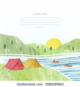 Spring watercolor vector landscape with tents, river, sunrise and mountains. Romantic hand drawn nature vector illustration. Travel design for postcard, poster, banner