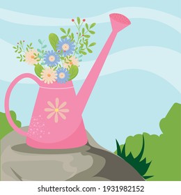Caña de riego de primavera con flores en el diseño del paisaje, jardín de adornos florales de temporada y tema de decoración Ilustración vectorial