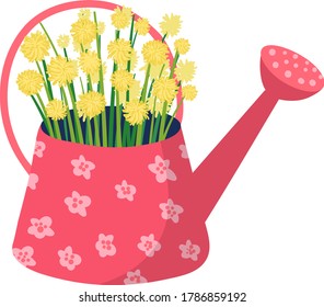 Spring watering can with garden flower, springtime mood wild floret isolated on white, flat vector illustration. Design woodland peduncle field, inflorescence blossom plant in bucket