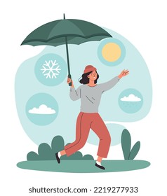 Spring weather concept. Woman runs down street with umbrella and rejoices. Positivity and optimism, seasons. Poster or banner for website. Young girl outdoor. Cartoon flat vector illustration
