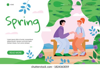 Plantilla de anuncio de eventos del sitio web de primavera con citas románticas pareja en parque, ilustración vectorial de dibujos animados planos. Página de inicio del anuncio de la temporada primaveral.