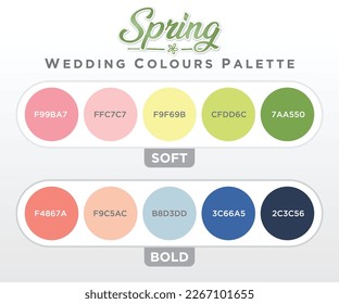 Spring wedding color palette. Some examples of color trends for wedding that is being held in spring season. Color schemes for wedding dress, outfit, decoration, and theme.