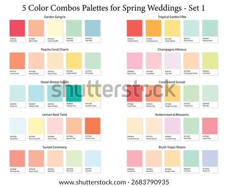 Spring Wedding Color Palettes Set 1 - 3d Marriage 5 Colour Combo, Color Schemes with Hex Codes and Names, Colour Swatches and Combinations