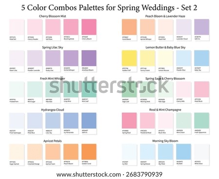 Spring Wedding Color Palettes Set 2 - 3d Marriage 5 Colour Combo, Color Schemes with Hex Codes and Names, Colour Swatches and Combinations