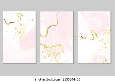 Spring wedding Invitation card  template collection with golden texture.Light pink  or apricot watercolor wet texture.Blush  fluid  painting.Alcohol ink.