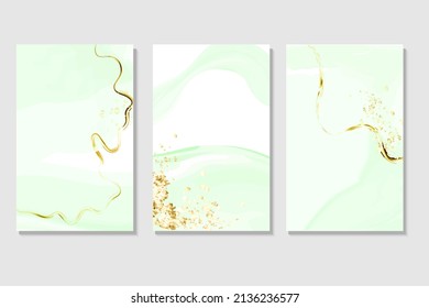 Spring wedding Invitation card  template collection with golden texture.Light green or mint watercolor wet texture.Fuid  painting.Alcohol ink.