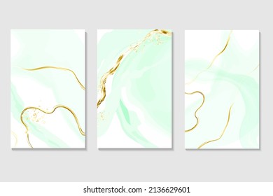 Spring wedding Invitation card  template collection.Light green or mint watercolor wet texture.Fuid  painting.Alcohol ink.