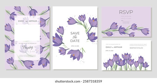 Spring Wedding Invitation Template With First Blooming Purple Crocus Flowers. Invitation Cards with space for photos and RSVP Thank You Cards. Vector