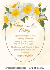 Plantilla de invitación de boda de primavera con flores de narciso amarillo y diseño floral suave del amor para una celebración estacional brillante