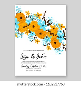 Spring Wedding Invitation vector printable template card Floral Bridal Wreath blue  Anemone yellow rose peony poppy flowers