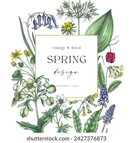 Spring wedding invitation. Wildflower sketches. Vintage floral background. Hand-drawn vector illustration, NOT AI