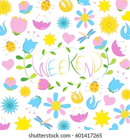 spring weekend pattern colorful lettering on white background