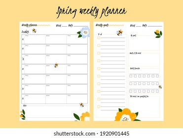 Spring weekly planner vector template. Concept for diary or notebook design. Seasonal organiser set. To do list.