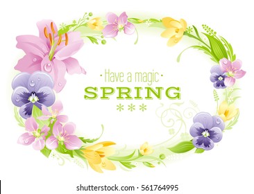 Spring white background. Easter, Mothers day, Birthday, Wedding. Flower frame: lily, pansy, crocus, leaf. Isolated wreath. Natural border, vector illustration. springtime greeting card, text lettering