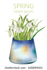 Frühlingsweiße Glocke blüht in alter blauer Vase. Aquarell. Platz für Text. Vektorillustration