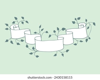 Spring white ribbon banner with curled scrolls on green, light, muted background, frame of floral tree branches, leaves, plants. Elegant, aesthetic, stylish hand drawing doodles of botanical elements