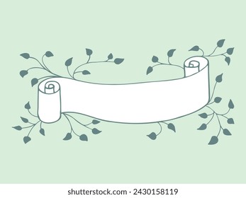 Spring white ribbon banner with curled scrolls on green, light, muted background, frame of floral tree branches, leaves, plants. Elegant, aesthetic, stylish hand drawing doodles of botanical elements