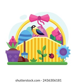 Spring wicker Easter basket with bird and eggs. Festive decorated picnic basket with blooming flowers and veggies.