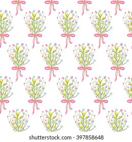 Spring wild flower bouquet with bow seamless pattern. Floral tender fine summer vector pattern on white background. For fabric textile prints and apparel.