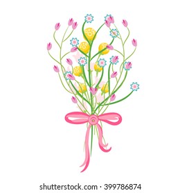 Spring wild flower bouquet with bow vector illustration. Floral tender fine summer vector clip art isolated on white background. For cards and invitations.