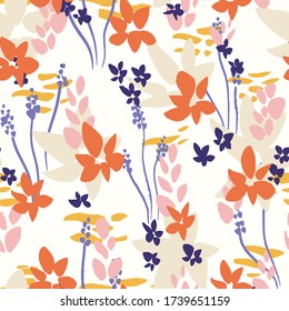 Flor silvestre primavera patrón vectorial sin costura en colores pastel sobre fondo blanco. Resumen de ilustraciones dibujadas a mano en el campo floral.