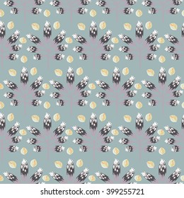 Spring wild flower slate gray color field seamless pattern. Floral vector pattern on blue background with purple accents. For fabric textile prints and apparel.