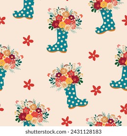 spring wild flowers bouquet in boots hand drawn seamless pattern vector illustration for decorate invitation greeting birthday party celebration wedding card poster banner textile wallpaper background