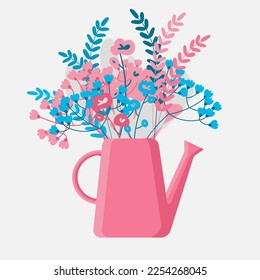 Spring wild flowers bouquet in garden watering can vector illustration isolated. Summer vibes. Spring gardening season mood. Work with flowerbed.